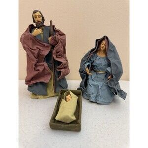 3 Piece Vintage Nativity Scene Fabric Mache Clothique Mary Joseph Baby Jesus